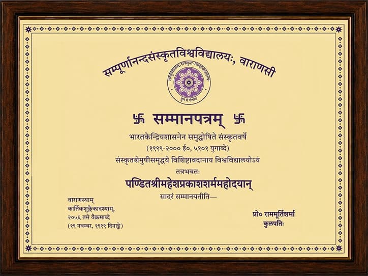 सम्पूर्णानन्द संस्कृत विश्वविद्यालय द्वारा प्रदत्त सम्मानपत्र (१९९९)